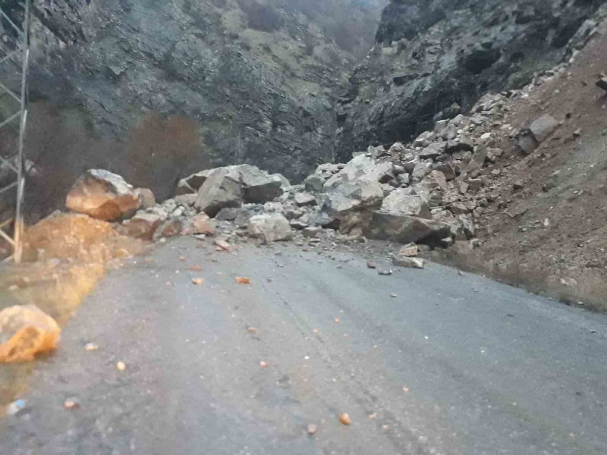 Hakkari’de dağdan kopan kayalar köy yolunu kapattı
