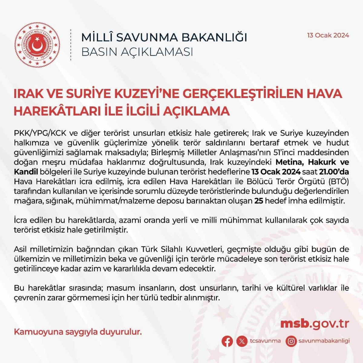 Irak ve Suriye’nin kuzeyine hava harekatı: 25 hedef imha edildi
