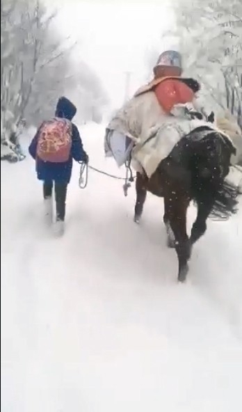 Kar yolu kapatınca çocukları at sırtında okula götürdü
